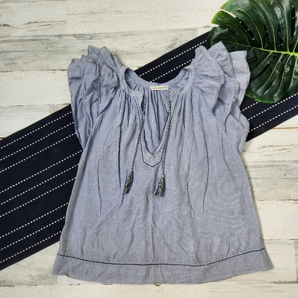 Ulla Johnson Mirco Stripe Layered Flutter Sleeve Blouse Tassels V Neck Size 4 - Picture 2 of 7